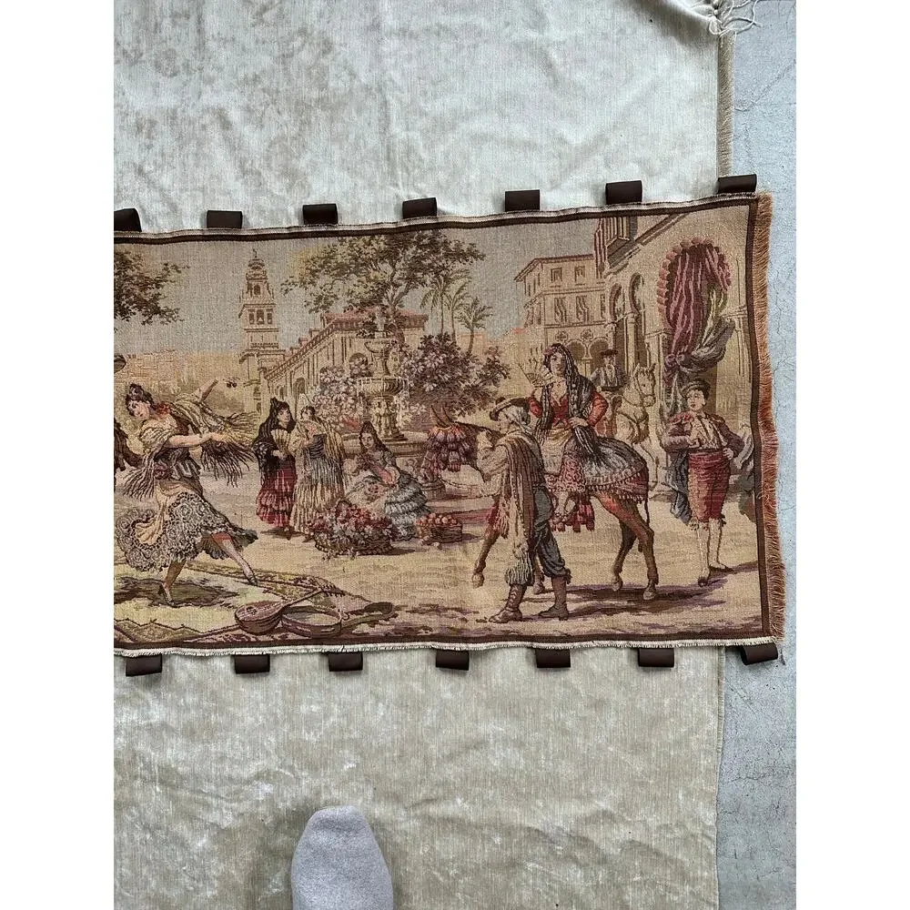 Vintage tapestry Spanish Woven Wall Art Made in Belgium Market Scene 57x20”